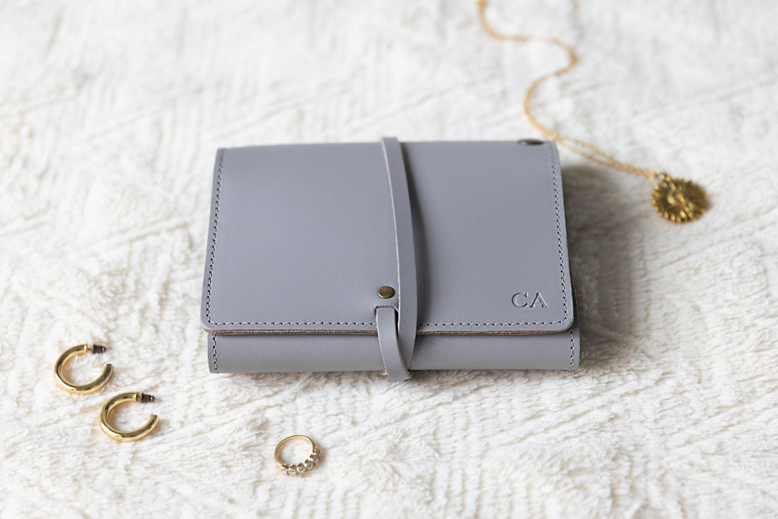 Custom Leather Jewelry Organizer in Gray, folded