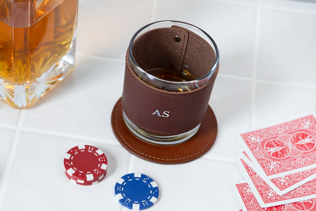Monogrammed Leather Rocks Glass Cover