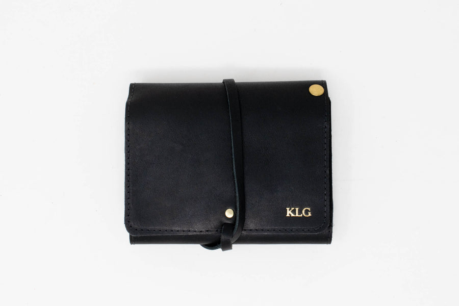 Custom Leather Jewelry Organizer in Black, Folded