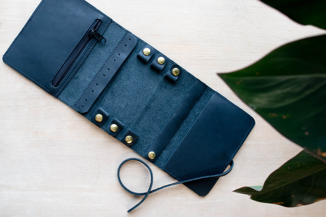 Custom Leather Jewelry Organizer in Gray in Navy
