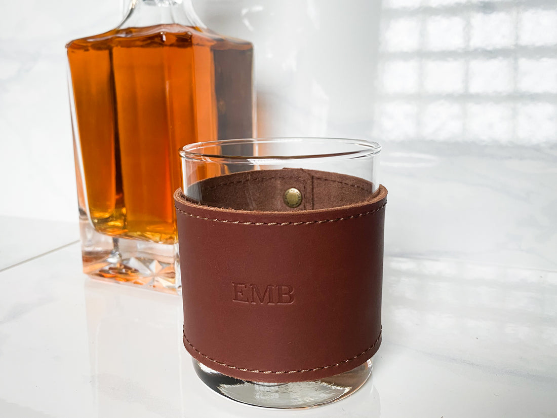 Monogrammed Leather Rocks Glass Cover
