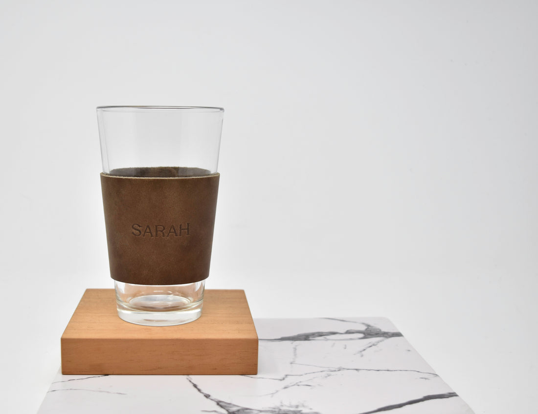 Personalized Leather Pint Glass Sleeve